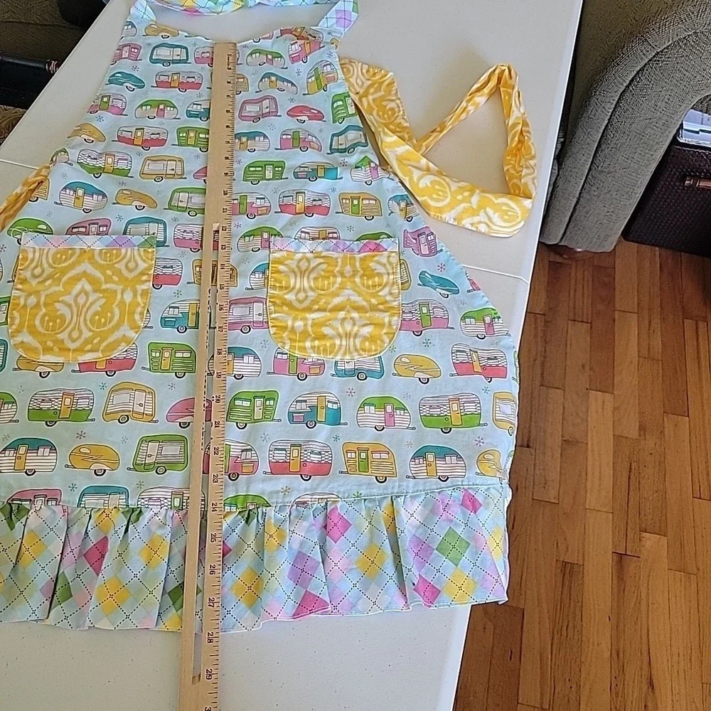 Handmade Halter Apron Retro Campers Damask Print Reversible Self‎ Tie Mod Foodie